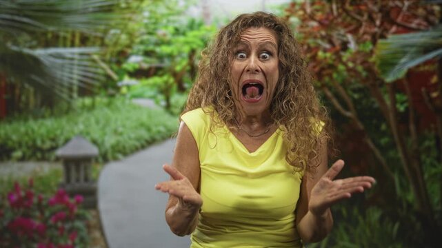 Woman with mouth open and hands raised, wearing yellow shirt and necklace, curly hair, standing on a street garden path with stone lantern and flowers; surprise.