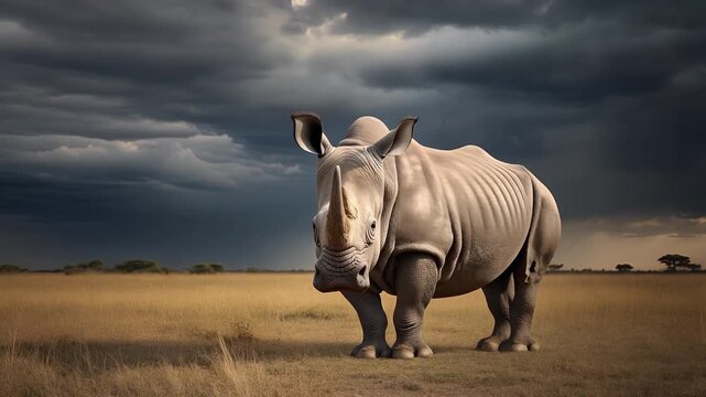 A large rhino stands alone in a vast savannah field under a stormy cloudy sky.