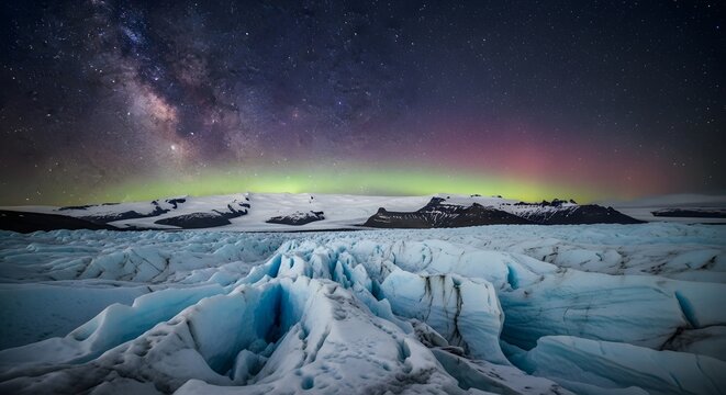 Aurora Borealis over glacial landscape night sky panorama
