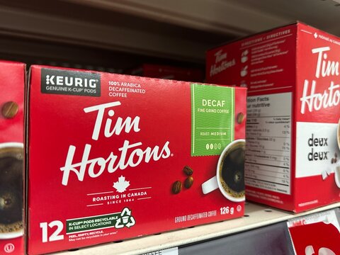 Tim Hortons coffee products displayed on retail shelves inside local grocery store. May 8 2026. Gleichen, Alberta, Canada. For editorial use only.