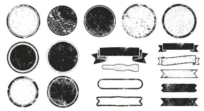Collection of Grunge Rolled Ink Circle Shapes Handmade with Brayer Tool Vintage Letterpress Rough Round Stamps and Distressed Textured Border Frames for Artistic Design Projects