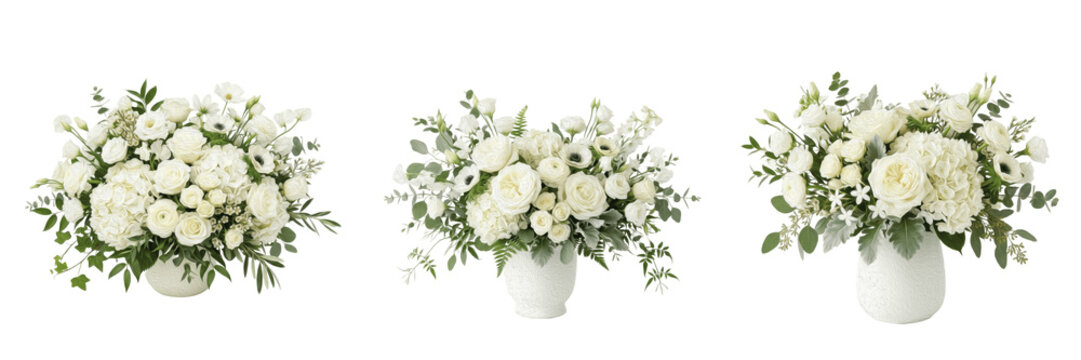 Luxury White Rose Flower Bouquet in Vase PNG - Sophisticated Floral Arrangement for Wedding, Anniversary, and Sympathy Event Designs.