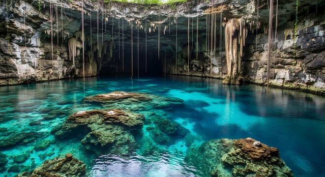Breathtaking underground cavern with crystal clear turquoise water