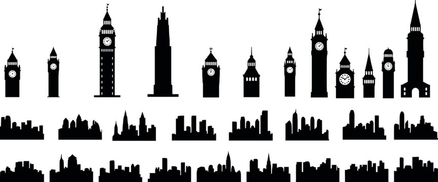 Black silhouette collection of clock towers, skyscrapers, domes, and diverse city skylines arranged in rows for architectural vector illustration