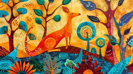 Fototapete Mädchenzimmer lively kangaroo in fantasy forest, inspired by gond painting, vivid orange turquoise yellow colors  © pasakorn