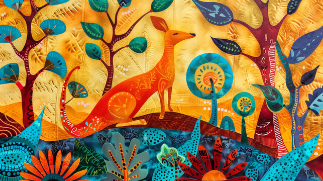 lively kangaroo in fantasy forest, inspired by gond painting, vivid orange turquoise yellow colors