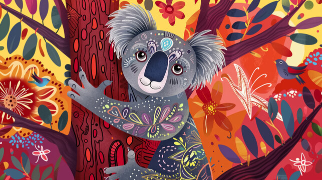 adorable koala hugging stylized tree, traditional gond art style, colorful patterned background