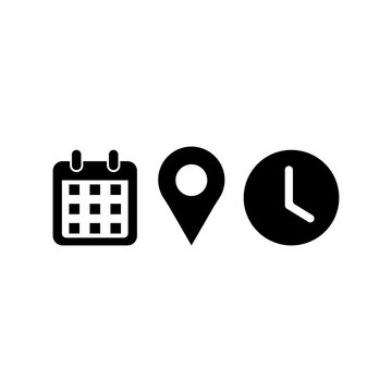 Calendar, clock, and location pin icons. Time, date, and address icon vector set for events, banner, poster, meeting, agenda, invitation and business cards