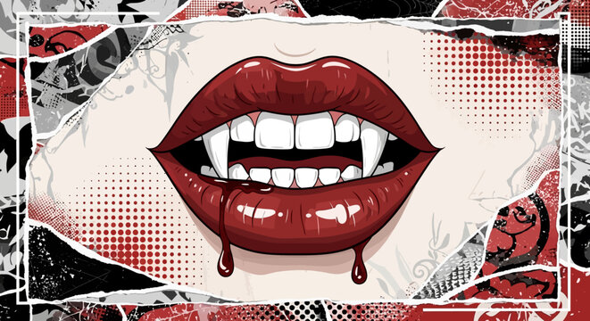 Artistic halftone collage of female vampire lips with dripping crimson blood, licking monster mouth with sharp fangs, spooky Halloween gothic horror illustration for dark supernatural aesthetic.