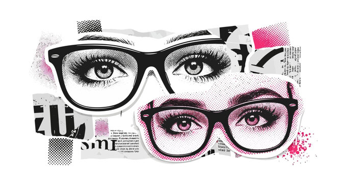 Artistic collage featuring female eyes wearing stylish eyeglasses with halftone textures and monochrome aesthetic accents, vibrant pink paper cutout elements isolated on minimalist background.