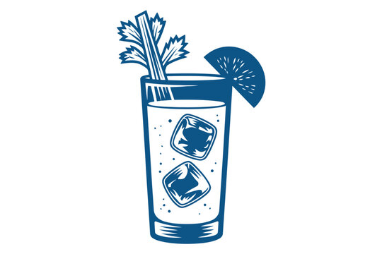 Tall blue cocktail glass with celery stalk lime wedge and ice cubes