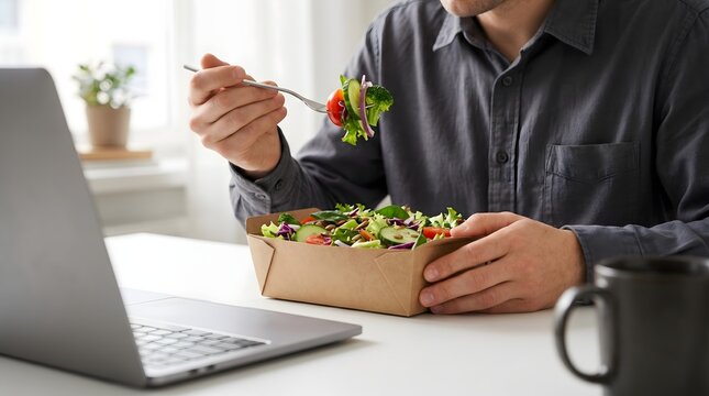 Healthy business lunch concept with worker eating salad at office desk