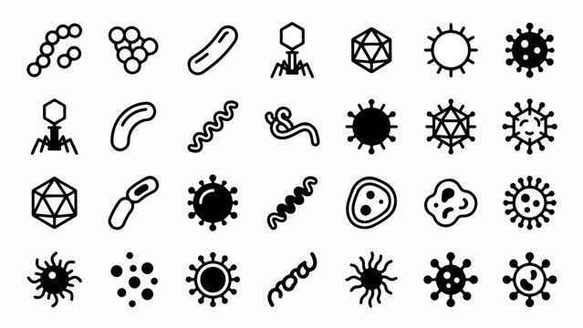 Virus, Hanta Virus and Bacteria Black and White Icon Set, Outline and Solid Silhouette Collection of Cocci Bacillus Bacteriophage Icosahedral Spirochete Coronavirus and Various Microorganism