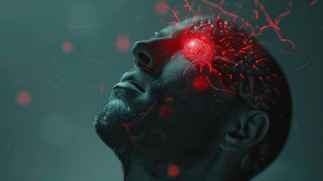 A man's face with an eye glowing in red light.
