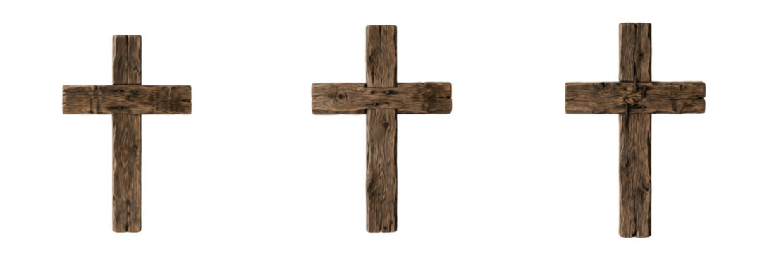 Rustic Wooden Christian Cross Isolated on Transparent Background PNG - Spiritual Religious Symbol for Faith, Church, and Prayer Designs.
