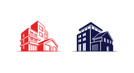 Modern Building Icons: Red and Blue Houses with Garages on White Background © Aziz