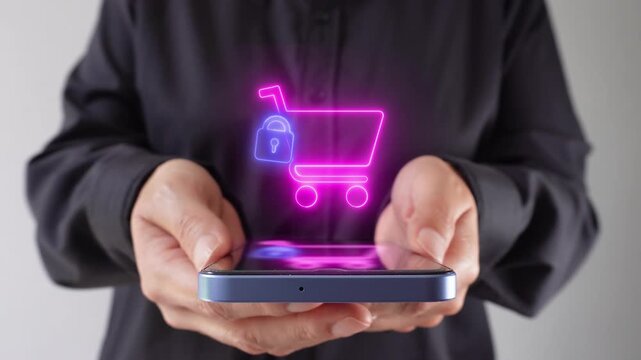 Shopping cart with data protection. Businesswoman holding a mobile phone with a virtual shopping cart icon with a padlock.