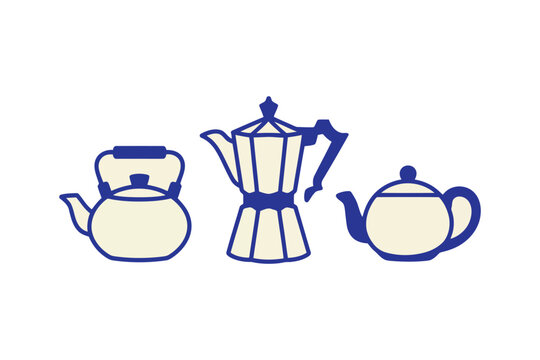 Three blue and beige coffee makers in minimalist style