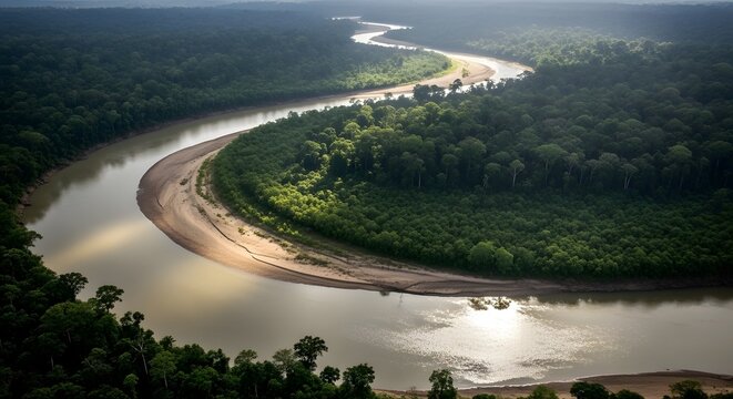 Curving river through dense tropical rainforest landscape scenery