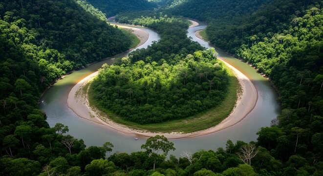 Curving river through dense tropical rainforest jungle canopy