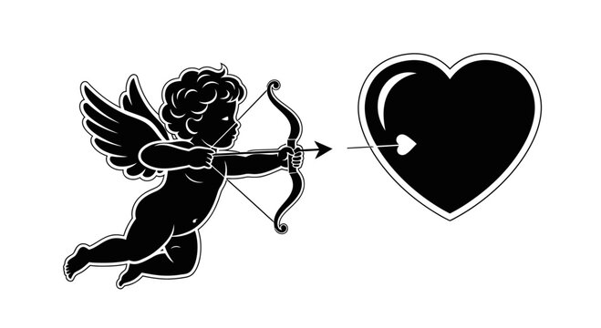 Cupid Aiming Arrow at Heart Silhouette Vector Illustration