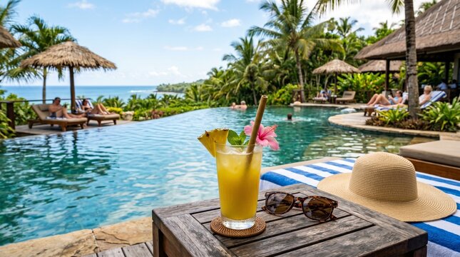 Pineapple juice by the pool in a tropical atmosphere