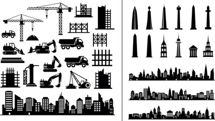 Black silhouette collection of construction equipment, cranes, trucks, scaffolding, and iconic city skyline architecture for urban design illustration © ROUNOK