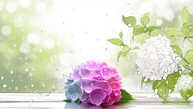 雨に濡れる紫と白の紫陽花のイラスト
