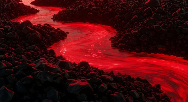 Red glowing liquid river winding through dark black stones and basalt boulders in a high contrast scene