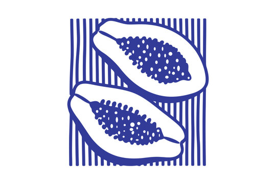 Two blue outlined passion fruit halves on white and blue striped background