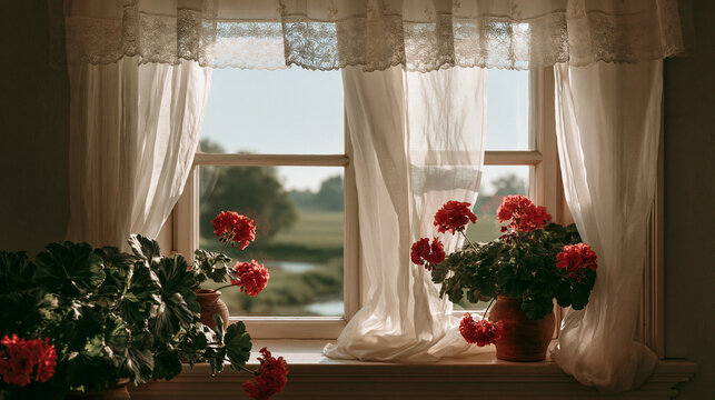 Beautiful red geraniums in terracotta pots decorate a sunlit window with sheer curtains during a peaceful morning Generative AI