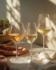 Obraz premium Warm afternoon light filters through, showcasing three elegant glasses of Chardonnay on a table Generative AI