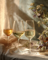 Obraz premium Chardonnay trio showcased beautifully by soft sunlight and delicate flower accents on a serene afternoon Generative AI