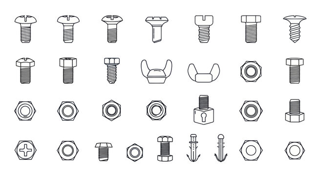 Collection of Fasteners: Bolts, Nuts, Screws, Wing Nuts, Rivets - Vector Icons