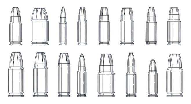 Collection of Bullet Cartridges, Ammunition Types, Weaponry Illustration