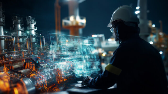 Systems engineer analyzes complex data at a futuristic industrial facility in the evening light Generative AI