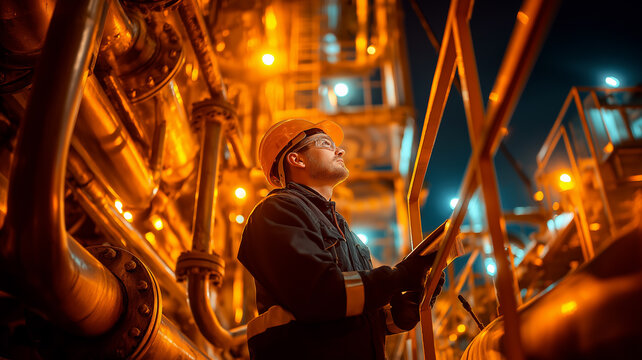 Engineer examines systems with focus under the warm glow of industrial lights during a night shift Generative AI