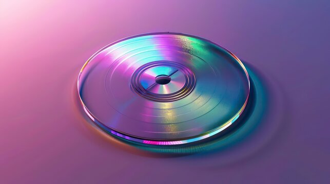 A single silver record with iridescent purple, blue, and green highlights on a purple background.