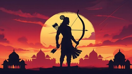 Naklejka premium A silhouette of a man holding a bow and arrow at sunset