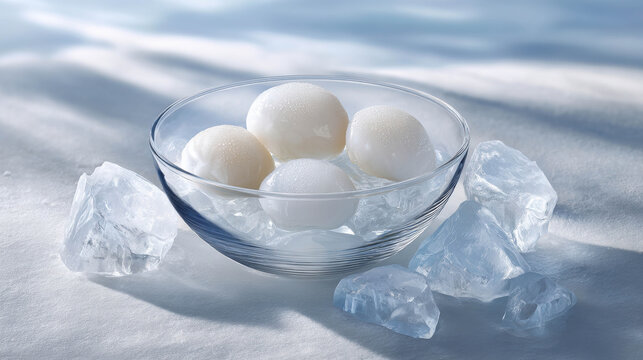 Cool-looking, refreshing lychees in glass bowl on ice 