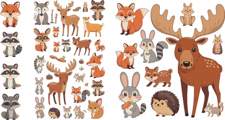 Fototapeta premium Cute Cartoon Woodland Forest Animals Vector Set with Fox Deer Raccoon Rabbit Moose Hedgehog and Squirrel Characters