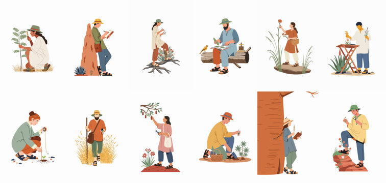Diverse set of flat vector illustrations featuring ecologists and botanists conducting field research, studying plants, and exploring nature in various outdoor settings.