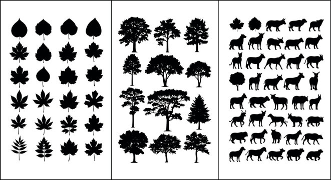 Black silhouette collection of diverse leaves, trees, and quadruped animals arranged in vertical sections for natural vector design illustration