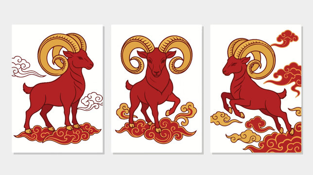 Red rams with golden horns stand proudly on stylized oriental clouds.