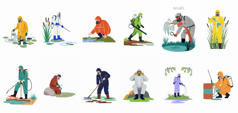 Set of environmental workers in protective suits performing cleanup, chemical spraying, and scientific sampling tasks in various outdoor locations.