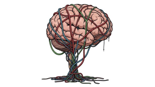 Brain wrapped with colorful tangled wires.