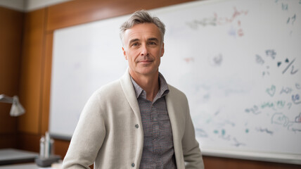 Fototapeta premium Middle aged university professor stands confidently in a classroom filled with educational aspirations Generative AI
