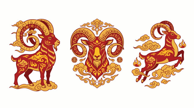 Chinese zodiac goats depicted with intricate golden patterns and traditional cultural motifs.