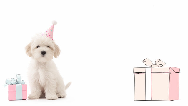 パーティーハットを被った白い犬とプレゼントのイラスト