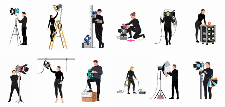 Set of professional lighting technicians and crew members adjusting spotlights, tripods, and equipment for film or stage production on white background.